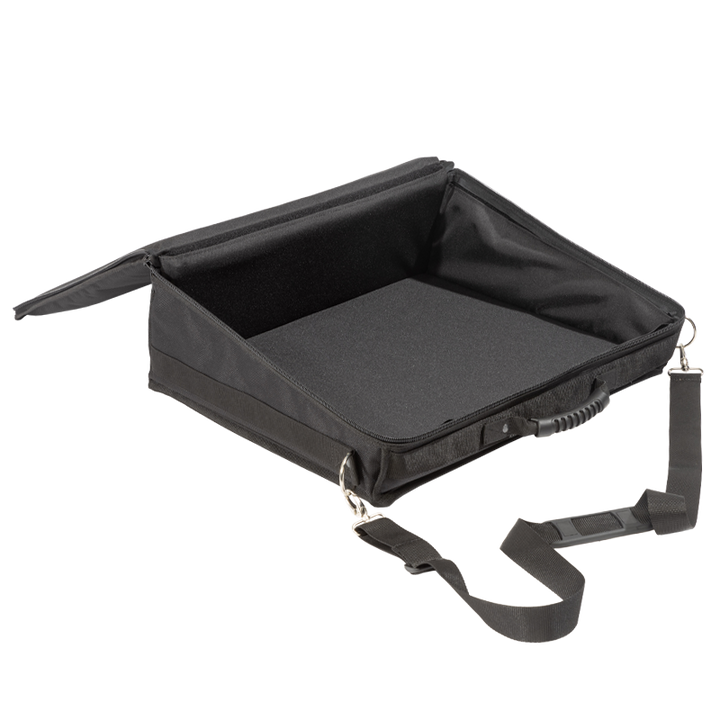 View of the open protective cover without the equipment, highlighting the interior double foam and rigid Platex structure