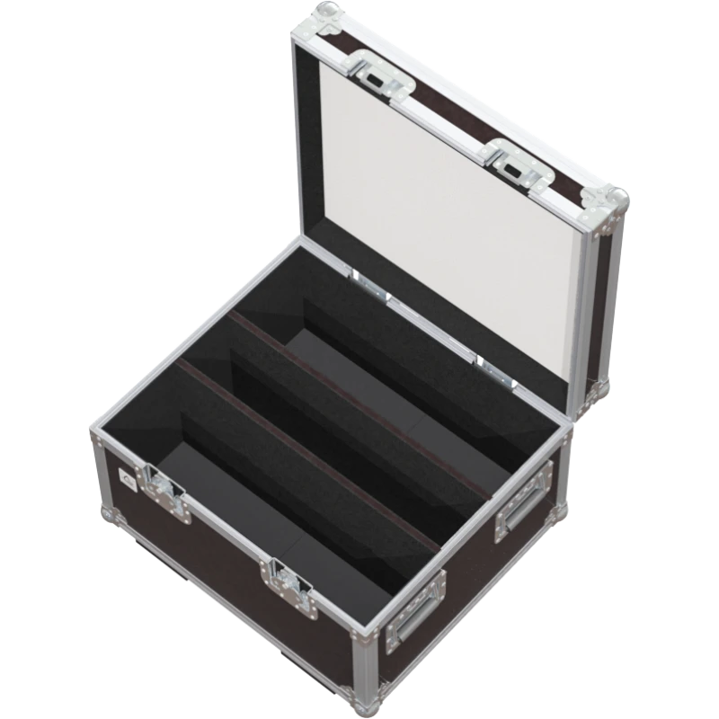 Empty interior view of the professional flight case, highlighting the precision-engineered compartment for fixture housing.