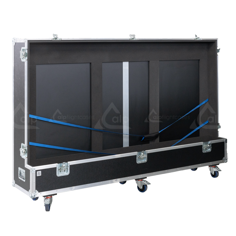Open view of the single display flight case demonstrating the adjustable interior blocking system for securing one large screen