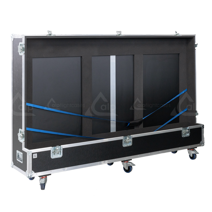 Open view of the single display flight case demonstrating the adjustable interior blocking system for securing one large screen