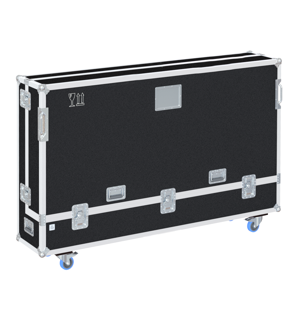 Exterior front view of the massive TOURING adjustable single display flight case for 86 to 98 inch screens with PVC finish by ALP Flight Cases