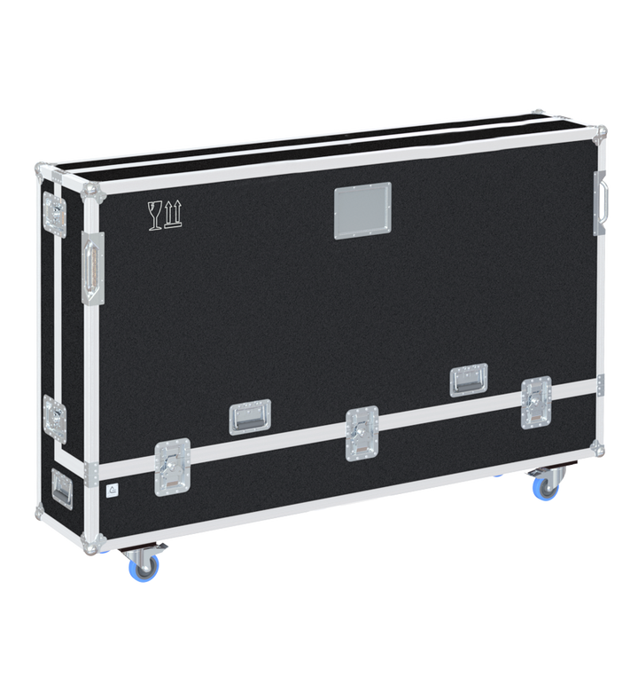 Exterior front view of the massive TOURING adjustable single display flight case for 86 to 98 inch screens with PVC finish by ALP Flight Cases