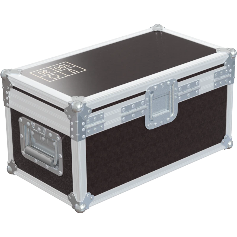 Rear exterior view of the flight case showcasing the structural integrity, heavy-duty Lidstay with Hinge, and rugged backstage aesthetic