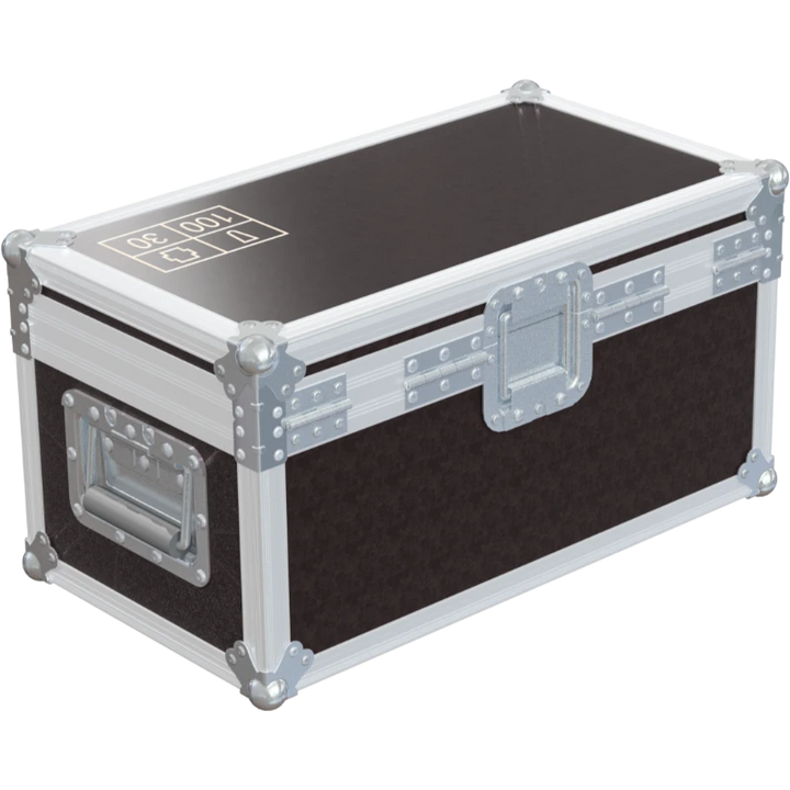 Rear exterior view of the flight case showcasing the structural integrity, heavy-duty Lidstay with Hinge, and rugged backstage aesthetic
