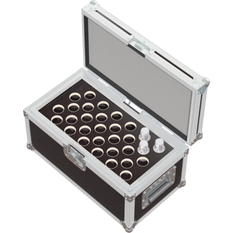 Open view of the utility flight case interior, optimized for the high-density storage of truss spigots, pins, and conical couplers