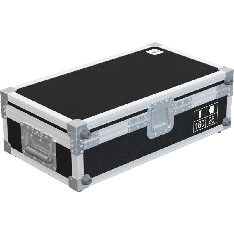 Rear exterior view of the flight case showcasing the structural integrity, heavy-duty Lidstay with Hinge, and rugged backstage aesthetic