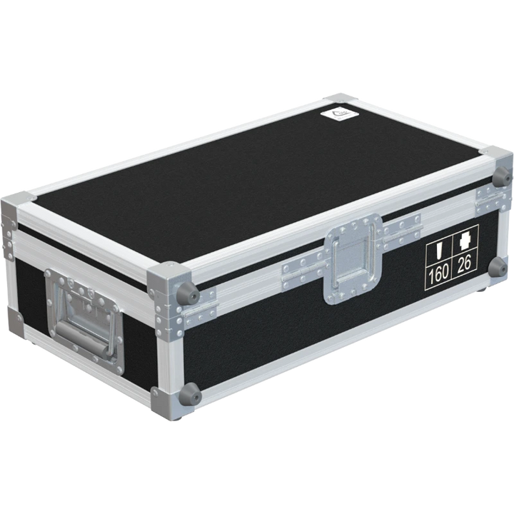 Rear exterior view of the flight case showcasing the structural integrity, heavy-duty Lidstay with Hinge, and rugged backstage aesthetic