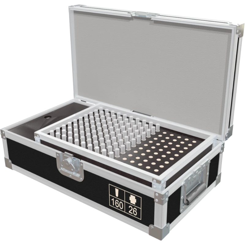 Open view of the utility flight case interior, optimized for the high-density storage of truss spigots, pins, conical couplers, and safety cables
