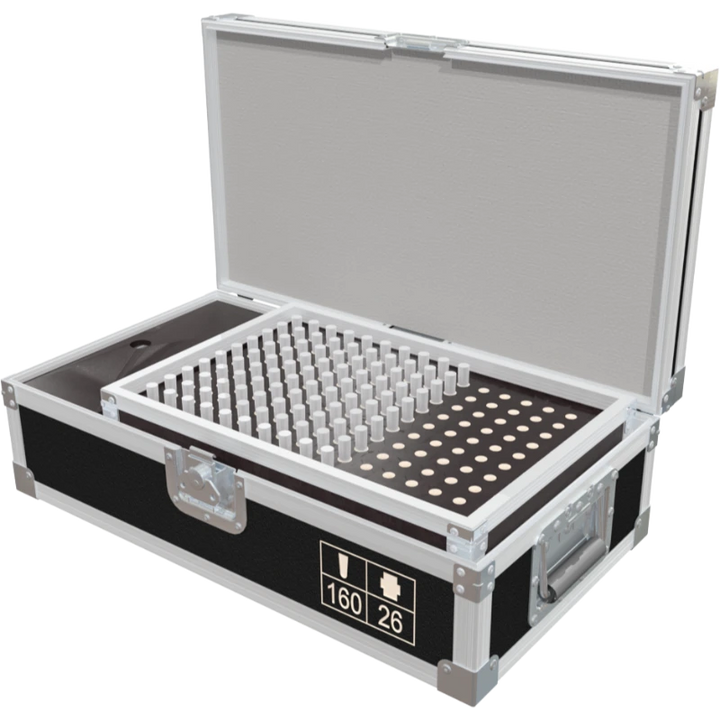 Open view of the utility flight case interior, optimized for the high-density storage of truss spigots, pins, conical couplers, and safety cables