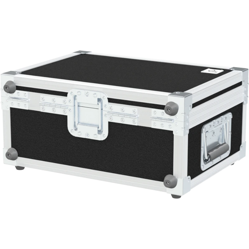 Rear exterior view of the flight case showcasing the structural integrity, heavy-duty Lidstay with Hinge, and rugged backstage aesthetic