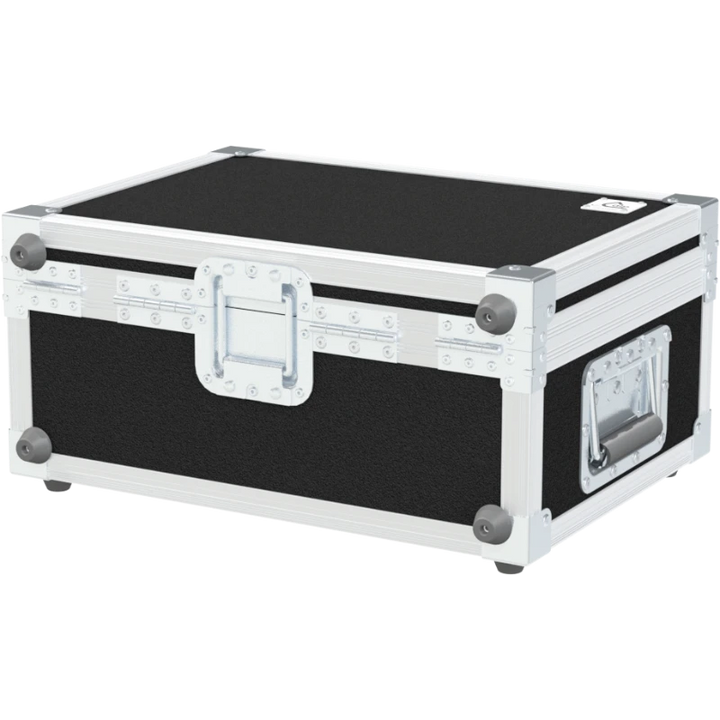 Rear exterior view of the flight case showcasing the structural integrity, heavy-duty Lidstay with Hinge, and rugged backstage aesthetic