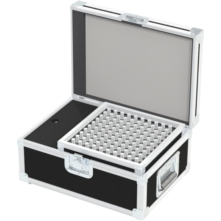 Open view of the utility flight case interior, optimized for the high-density storage of 100 truss spigots, pins, conical couplers, and safety cables