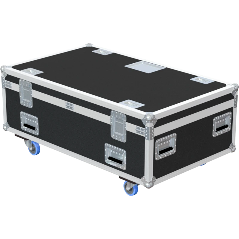 Rear exterior view of the flight case showcasing the structural integrity, heavy-duty Lidstays with Hinge, and rugged backstage aesthetic