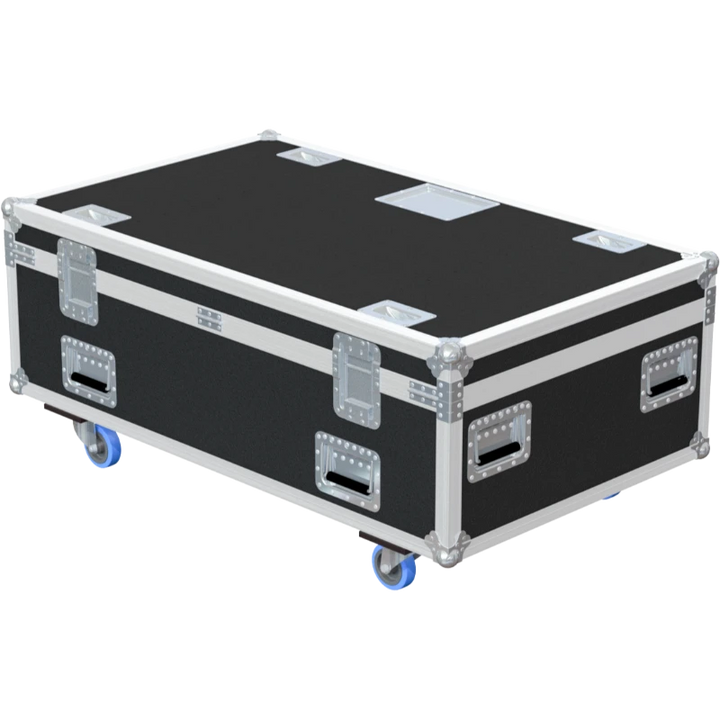 Rear exterior view of the flight case showcasing the structural integrity, heavy-duty Lidstays with Hinge, and rugged backstage aesthetic