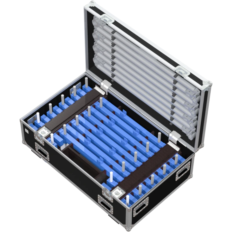 Open view of the utility flight case interior, optimized for MT1-05 and MT1-04 units, highlighting the specialized lid configuration securing the 8x tubes