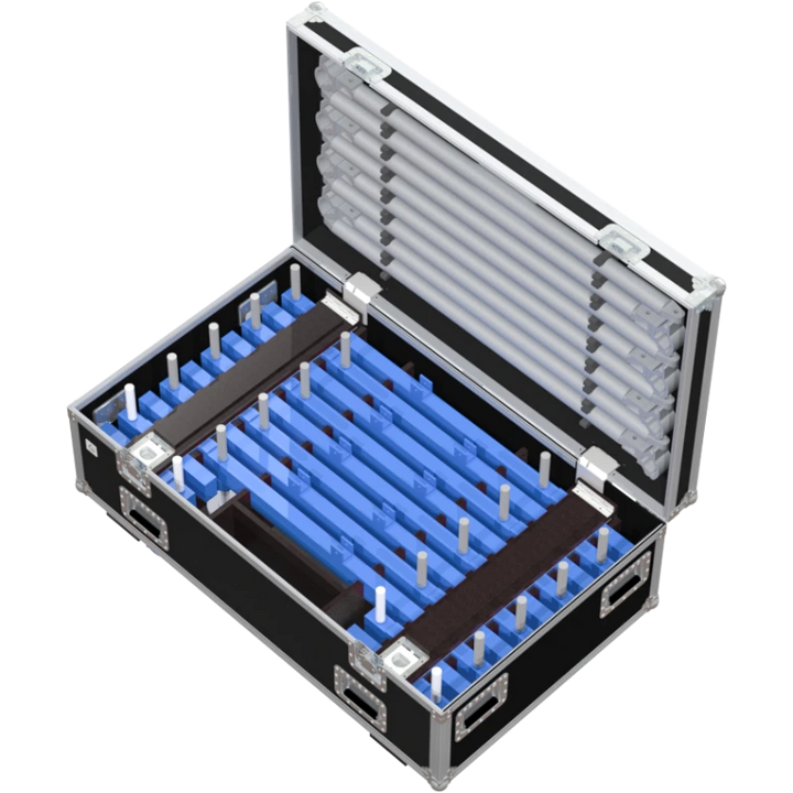 Open view of the utility flight case interior, optimized for MT1-05 and MT1-04 units, highlighting the specialized lid configuration securing the 8x tubes
