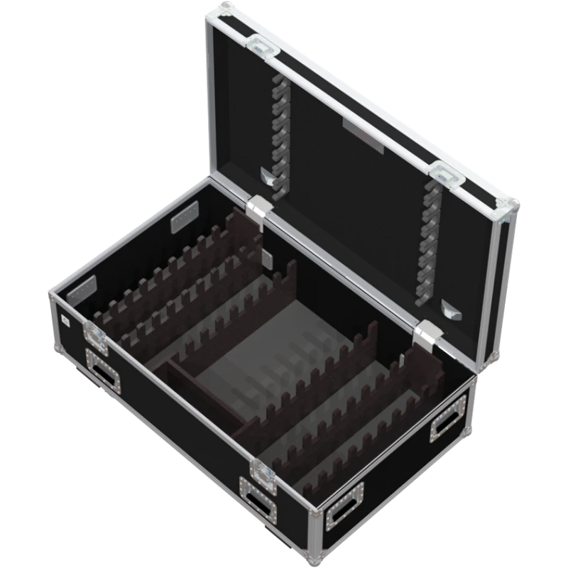Top view of the flight case illustrating the clean layout, the four integrated stacking dishes, and the recessed dish for the tour label