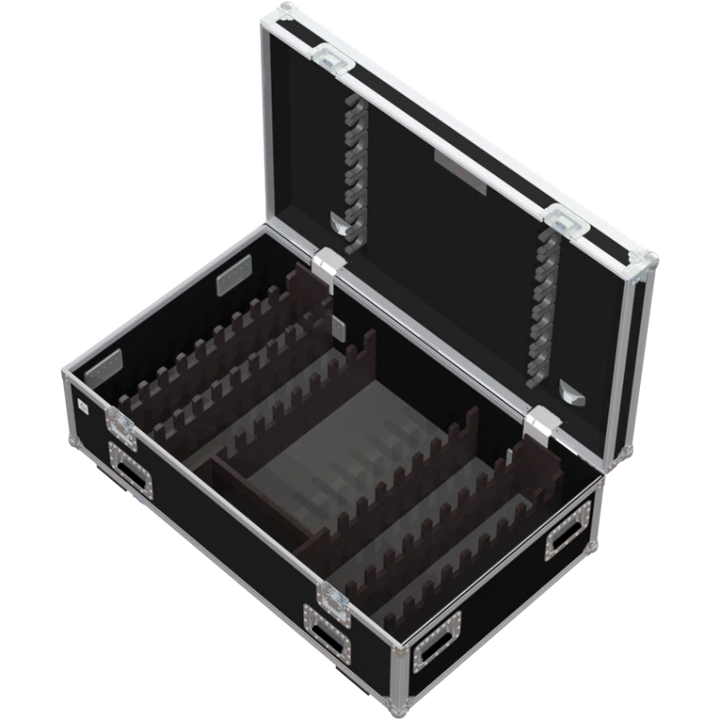 Top view of the flight case illustrating the clean layout, the four integrated stacking dishes, and the recessed dish for the tour label