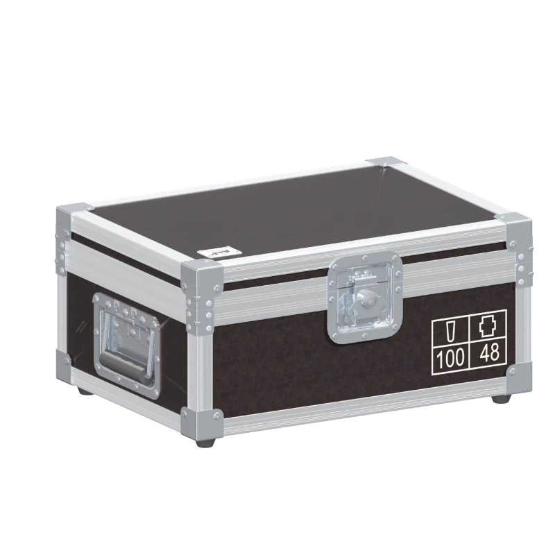 Rear exterior view of the flight case showcasing the structural integrity, heavy-duty Lidstay with Hinge, and rugged backstage aesthetic
