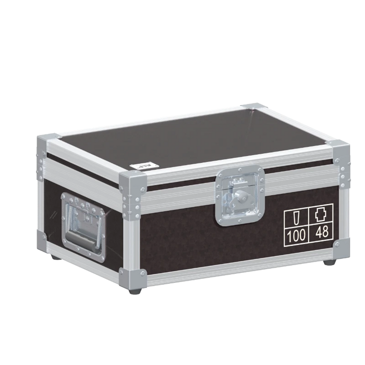 Rear exterior view of the flight case showcasing the structural integrity, heavy-duty Lidstay with Hinge, and rugged backstage aesthetic