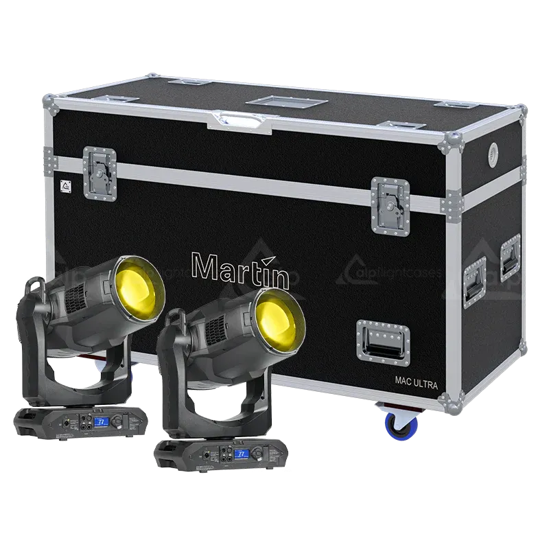 2x Martin MAC Ultra fixtures secured inside an ALP FLIGHT CASES custom solution