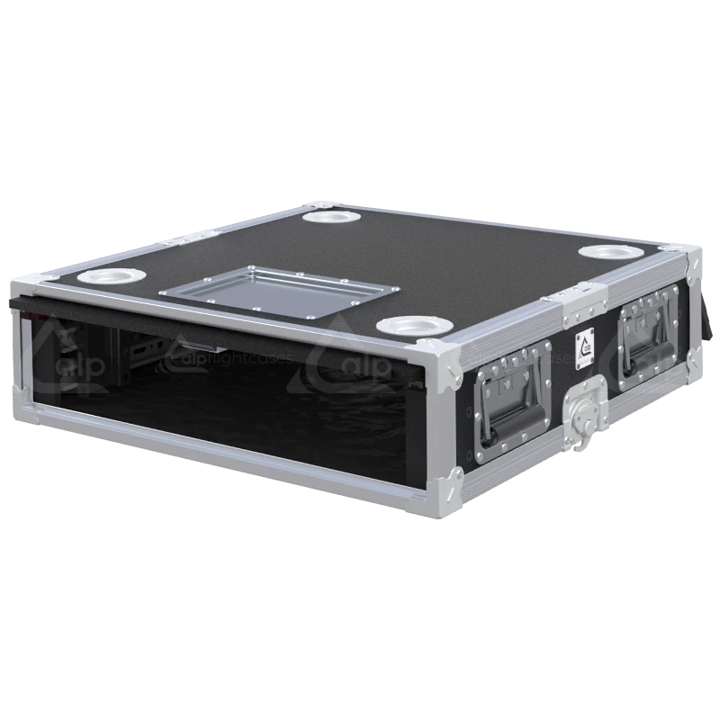 Empty interior of the 2U 600mm rack flight case highlighting the front and rear 19 inch rack plumb columns
