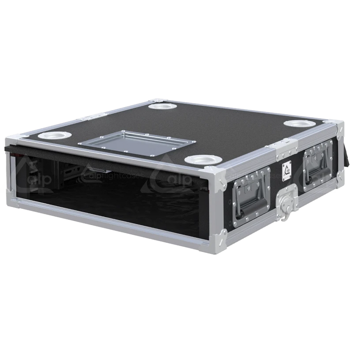 Empty interior of the 2U 600mm rack flight case highlighting the front and rear 19 inch rack plumb columns