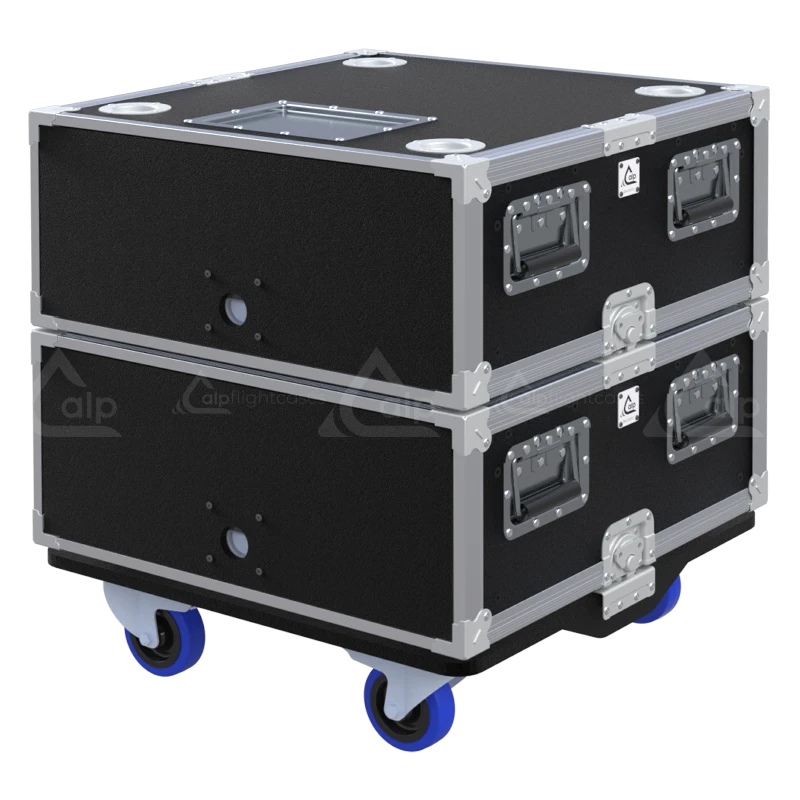 Professional 19 inch 4U rack flight cases stacked using the integrated dish system in a live event backstage setup