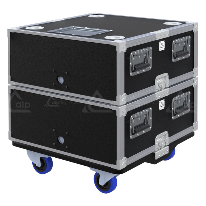 Professional 19 inch 4U rack flight cases stacked using the integrated dish system in a live event backstage setup