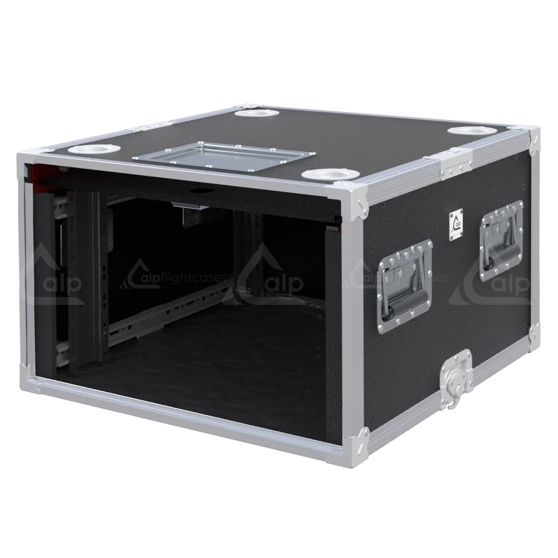 Empty interior of the 6U 600mm rack flight case highlighting the front and rear 19 inch rack plumb columns