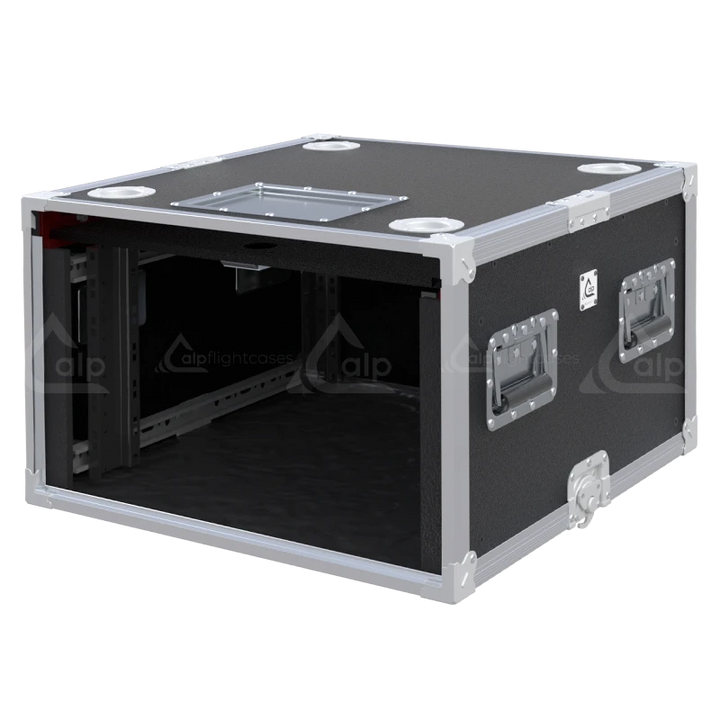 Empty interior of the 6U 600mm rack flight case highlighting the front and rear 19 inch rack plumb columns