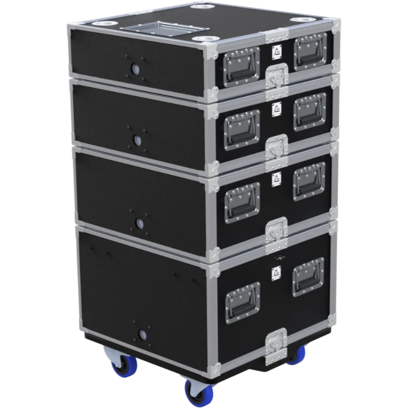 Professional 19 inch 6U rack flight cases stacked using the integrated dish system in a live event backstage setup
