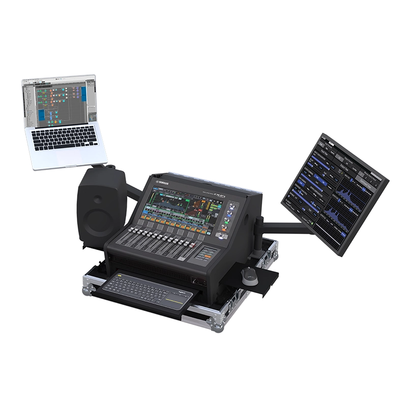 Open ALP Flight Case with Yamaha DM5 Compact installed and workstation supports deployed