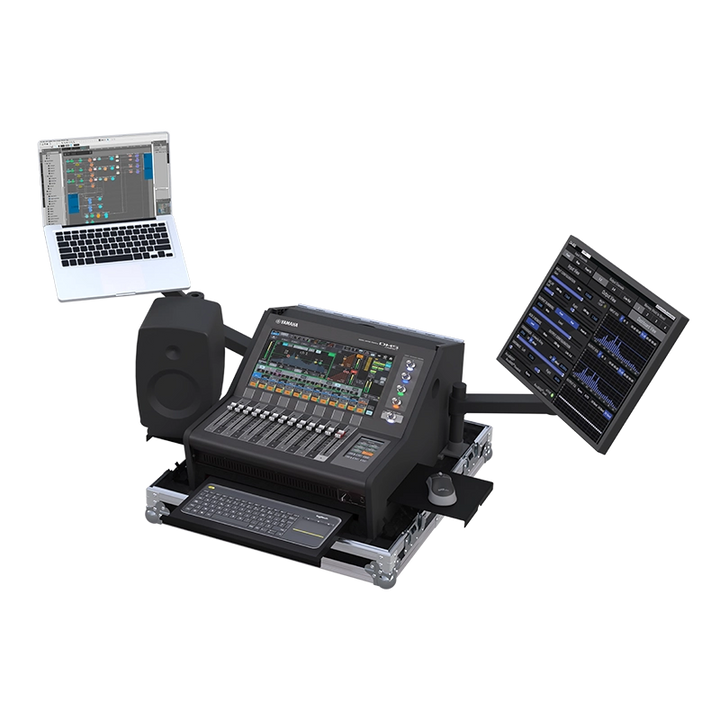 Open ALP Flight Case with Yamaha DM5 Compact installed and workstation supports deployed