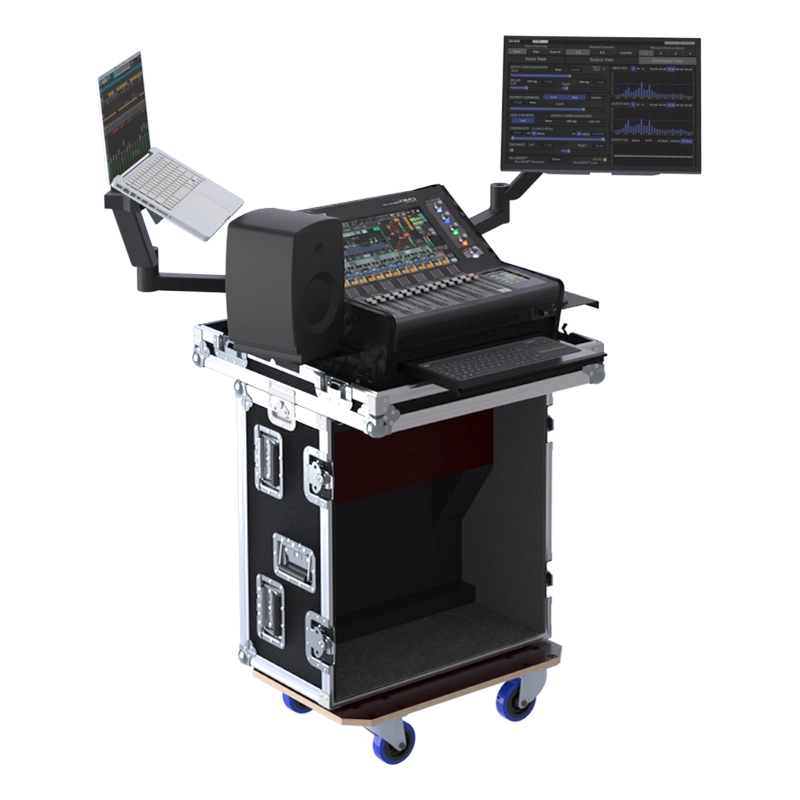 Open ALP Flight Case with Yamaha DM5 Compact installed and workstation supports deployed side view with flight case