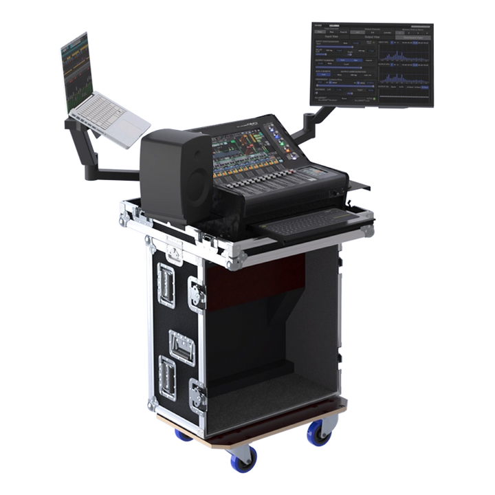 Open ALP Flight Case with Yamaha DM5 Compact installed and workstation supports deployed side view with flight case