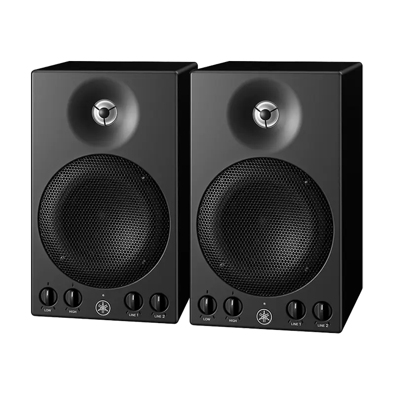 Pair of Yamaha MSP3 powered studio monitors showing front control knobs and compact design