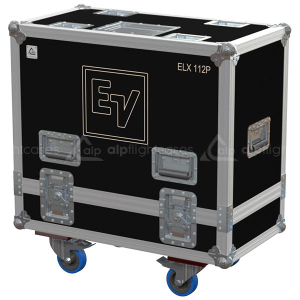 Front view of the professional twin touring flight case for 2x EV ELX112P active speakers by ALP Flight Cases
