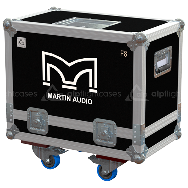 Front view of the professional twin touring flight case for 2x Martin Audio F8 compact speakers by ALP Flight Cases