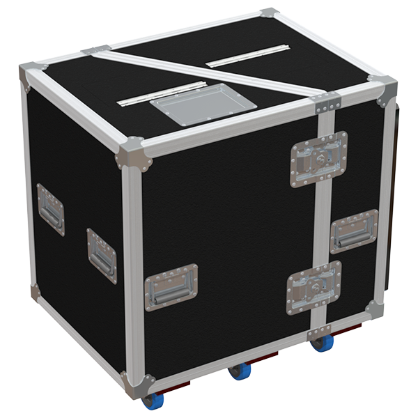 Front view of the professional touring flight case for 2x NEXO P15 speakers and rigging frame by ALP Flight Cases