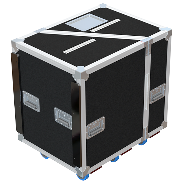 Rear view of the road case for NEXO P15 showing heavy-duty hardware and 10mm birch plywood