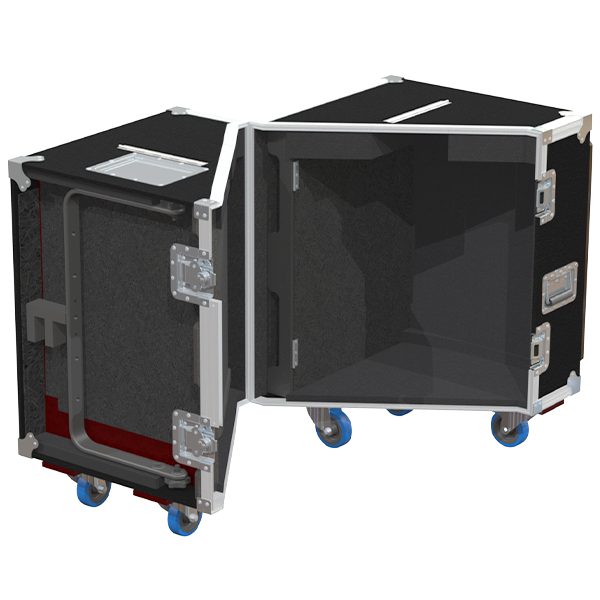 Empty interior of the flight case for 2x NEXO P15 + Frame showing precision CNC foam for speakers and rigging hardware