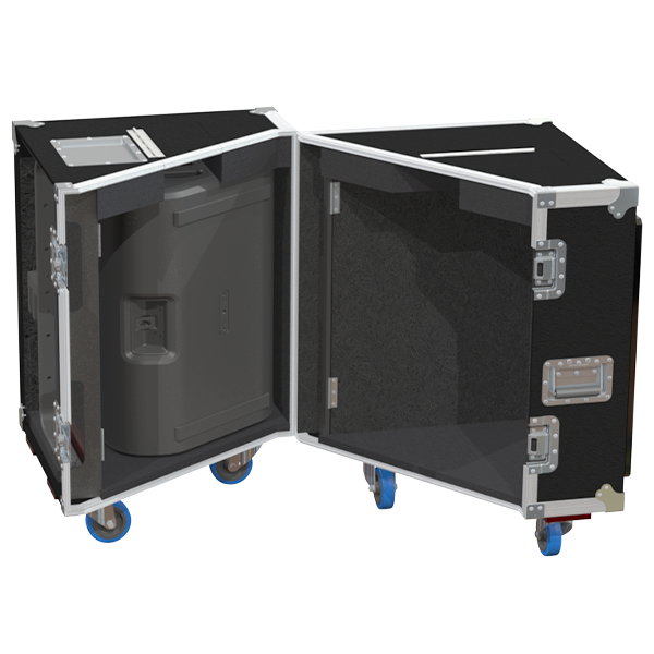 Two NEXO P15 speakers and touring frame safely secured inside the custom flight case for professional rental