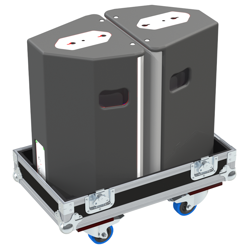 Two NEXO PS10 R2 Left speakers safely secured inside the custom flight case for professional rental