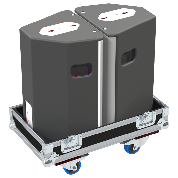 Two NEXO PS10 R2 Left speakers safely secured inside the custom flight case for professional rental