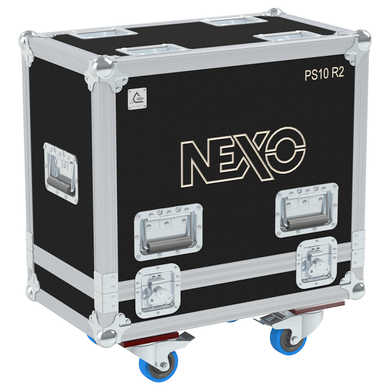 Front view of the professional twin touring flight case for 2x NEXO PS10 R2 Left speakers by ALP Flight Cases