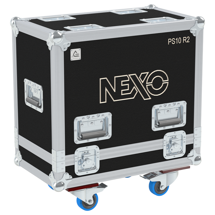 Front view of the professional twin touring flight case for 2x NEXO PS10 R2 Left speakers by ALP Flight Cases