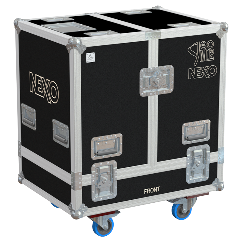 Front view of the professional twin touring flight case for 2x NEXO GEO M12 line array elements by ALP Flight Cases