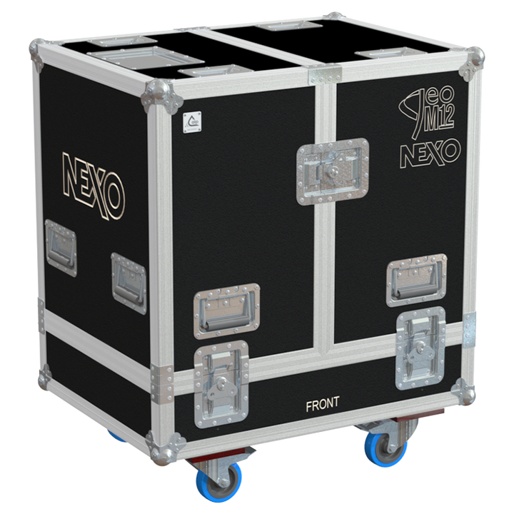Front view of the professional twin touring flight case for 2x NEXO GEO M12 line array elements by ALP Flight Cases
