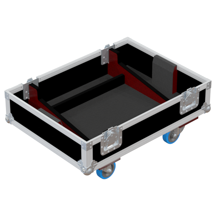 Empty interior of the flight case for 2x NEXO GEO M12 showing precision CNC-cut foam for high-density audio protection